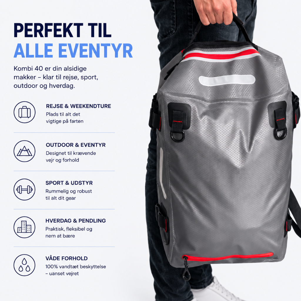 Kombi 40 – 100% Vandtæt Duffeltaske & Rygsæk til Rejse, Sport & Friluft (40L)