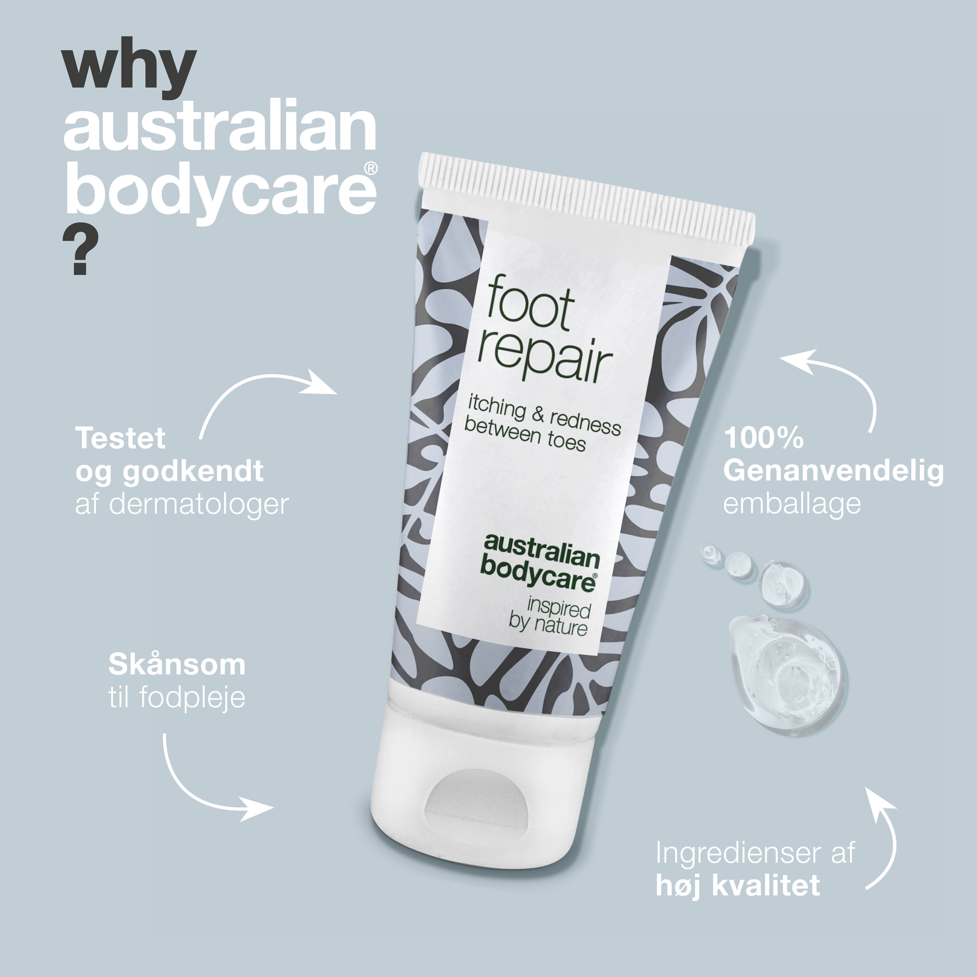 Fodgel med Tea Tree Oil — Lindrende gel mod kløe, svie og rødme mellem tæerne.