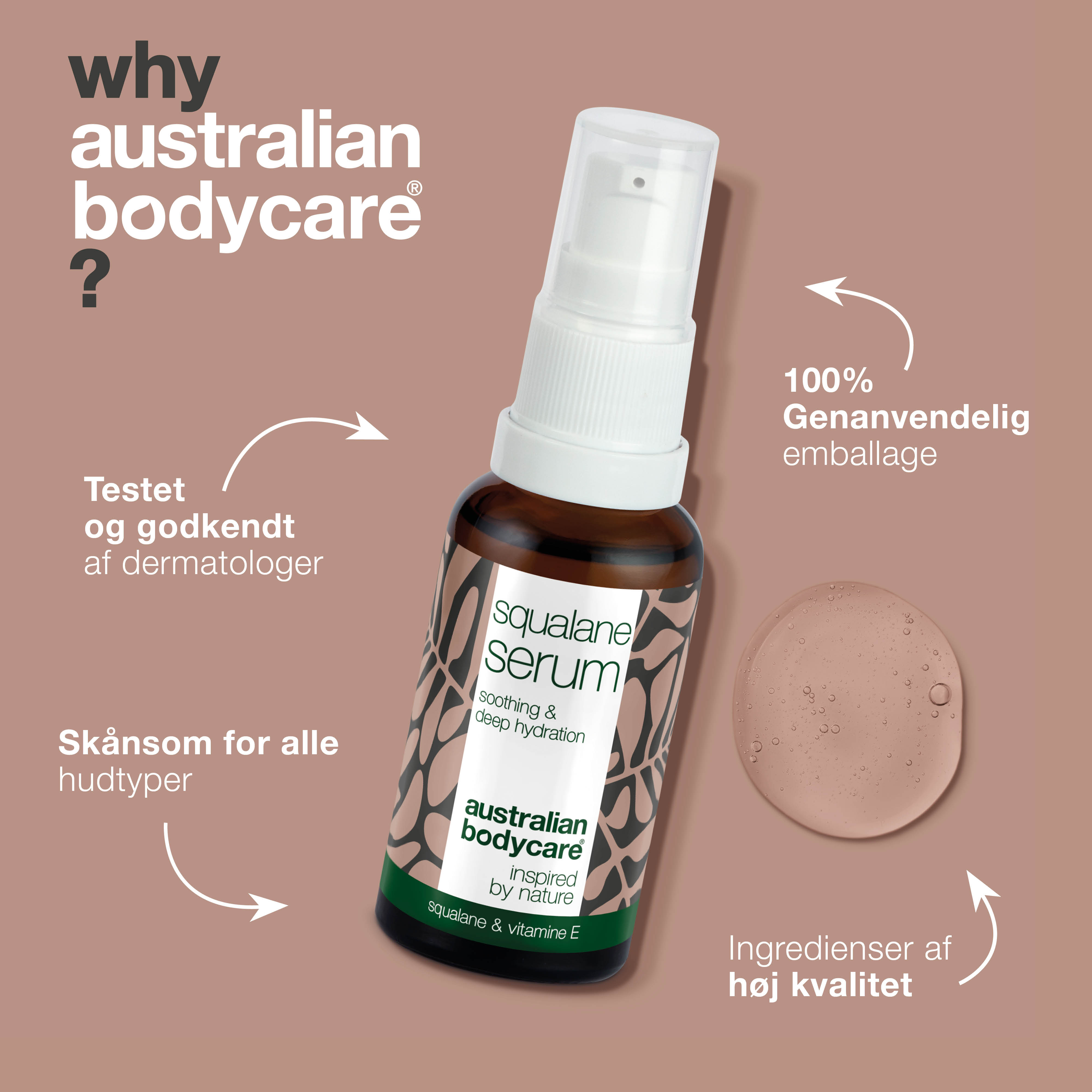 Fugtgivende ansigtsserum med Squalane & E-vitamin — Squalane & E-vitamin giver dyb hydrering til tør hud. Let, ikke-fedtet serum, der efterlader huden blød og smidig.