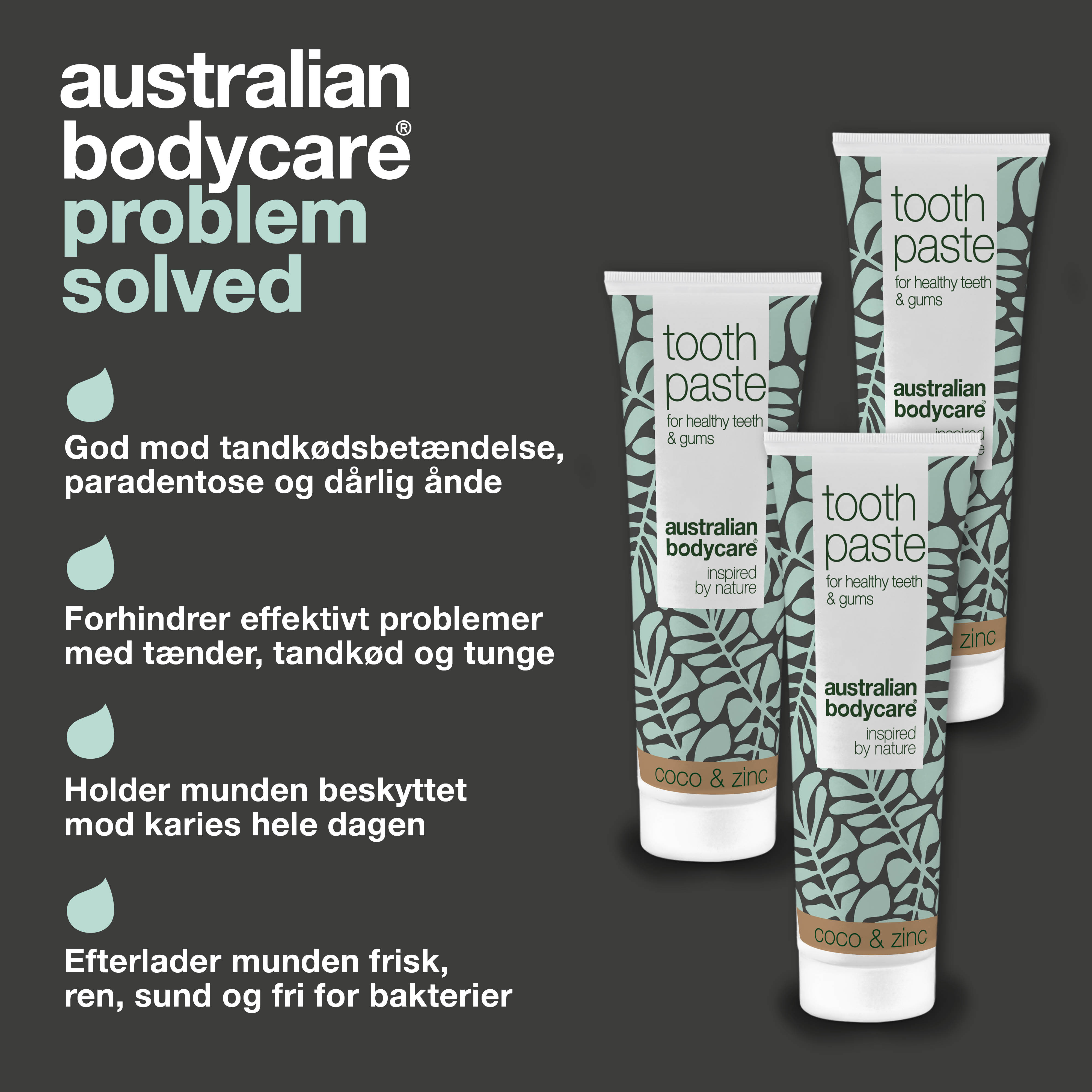3 stk. Tea Tree Oil Tandpasta Kokos & Zink — Til daglig pleje ved paradentose, svamp og tandkødsbetændelse