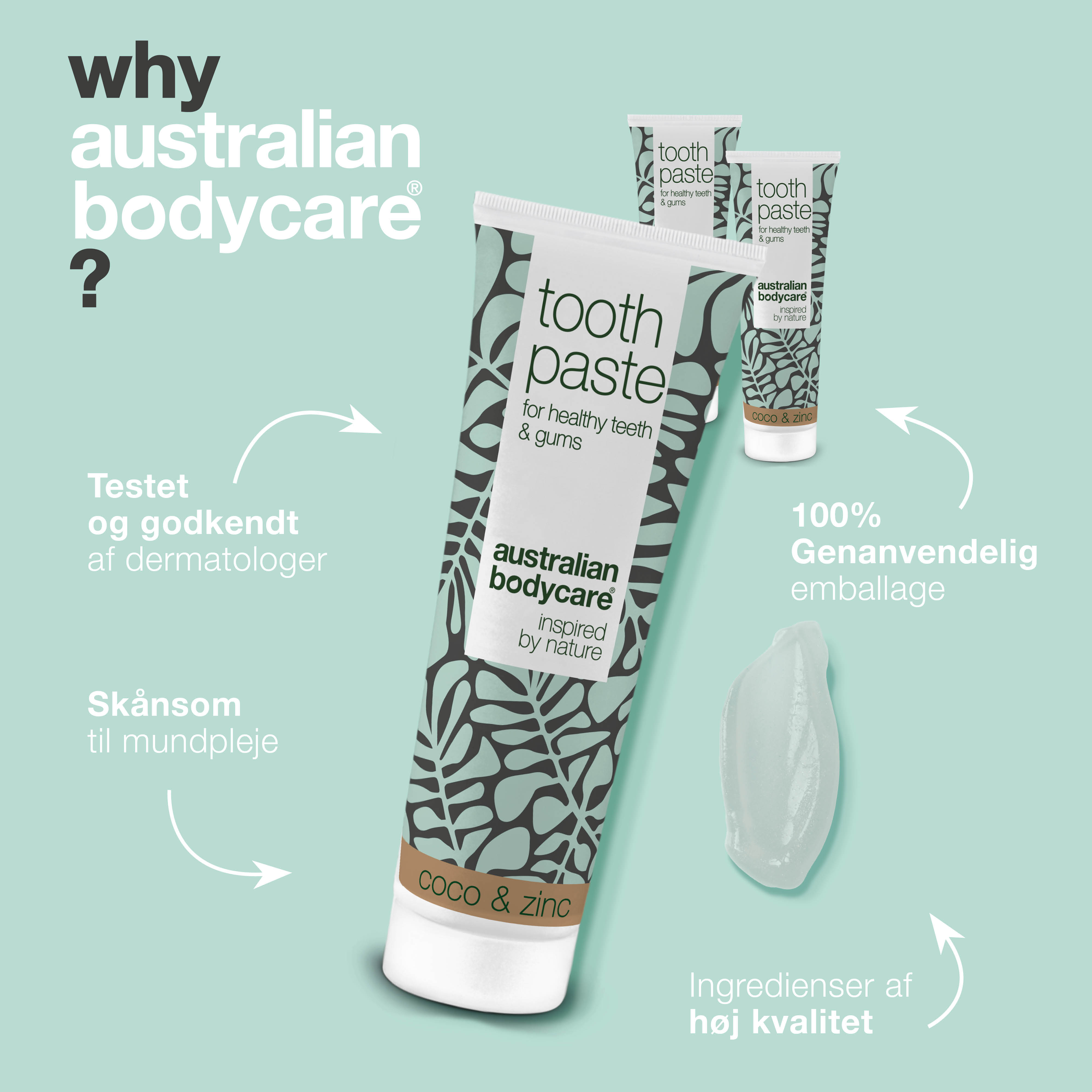 3 stk. Tea Tree Oil Tandpasta Kokos & Zink — Til daglig pleje ved paradentose, svamp og tandkødsbetændelse