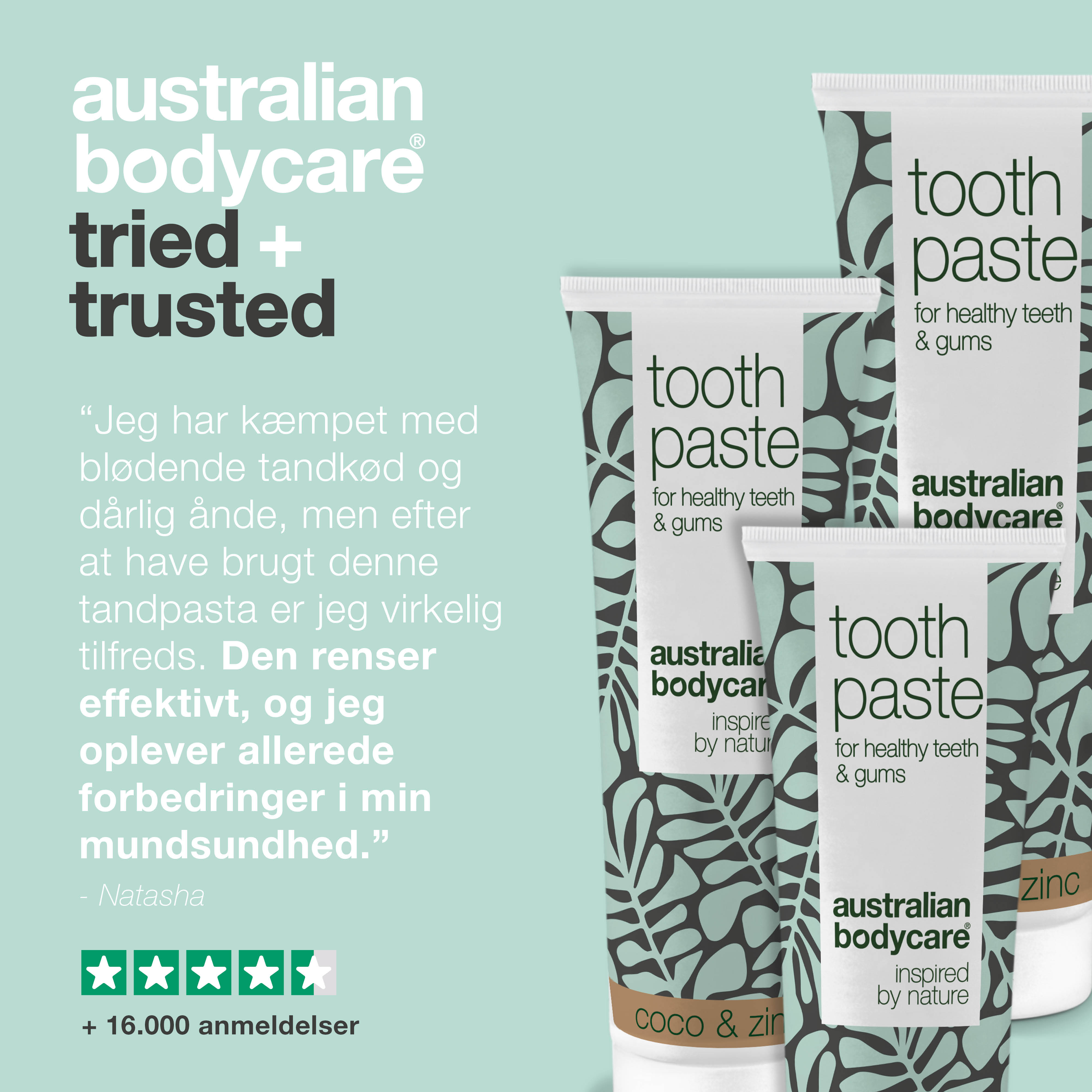 3 stk. Tea Tree Oil Tandpasta Kokos & Zink — Til daglig pleje ved paradentose, svamp og tandkødsbetændelse