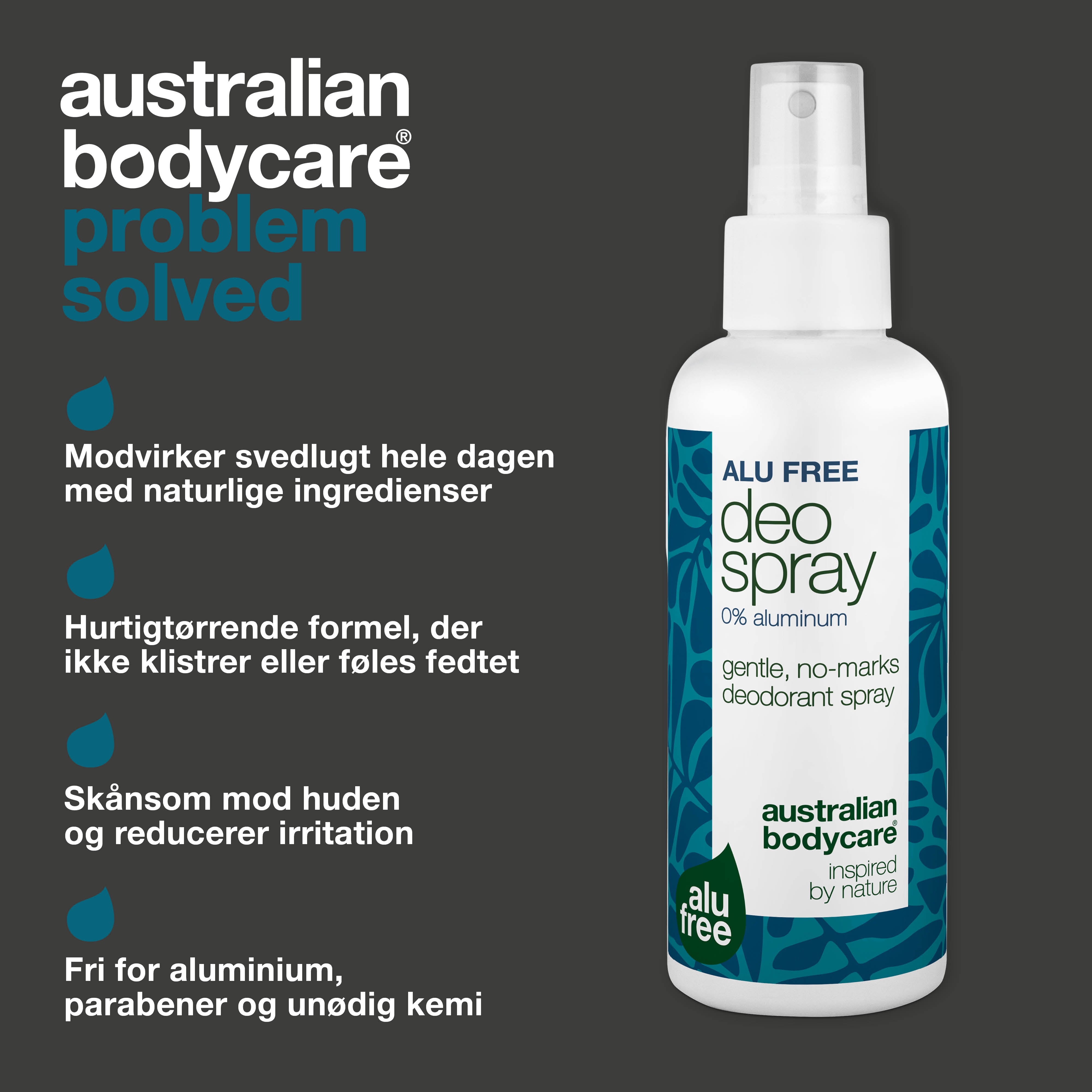 Deodorantspray uden aluminium – Naturlig friskhed — Effektiv aluminiumsfri deodorant med naturlige ingredienser. Modvirker svedlugt og giver langvarig friskhed. Hurtigtørrende og skånsom.