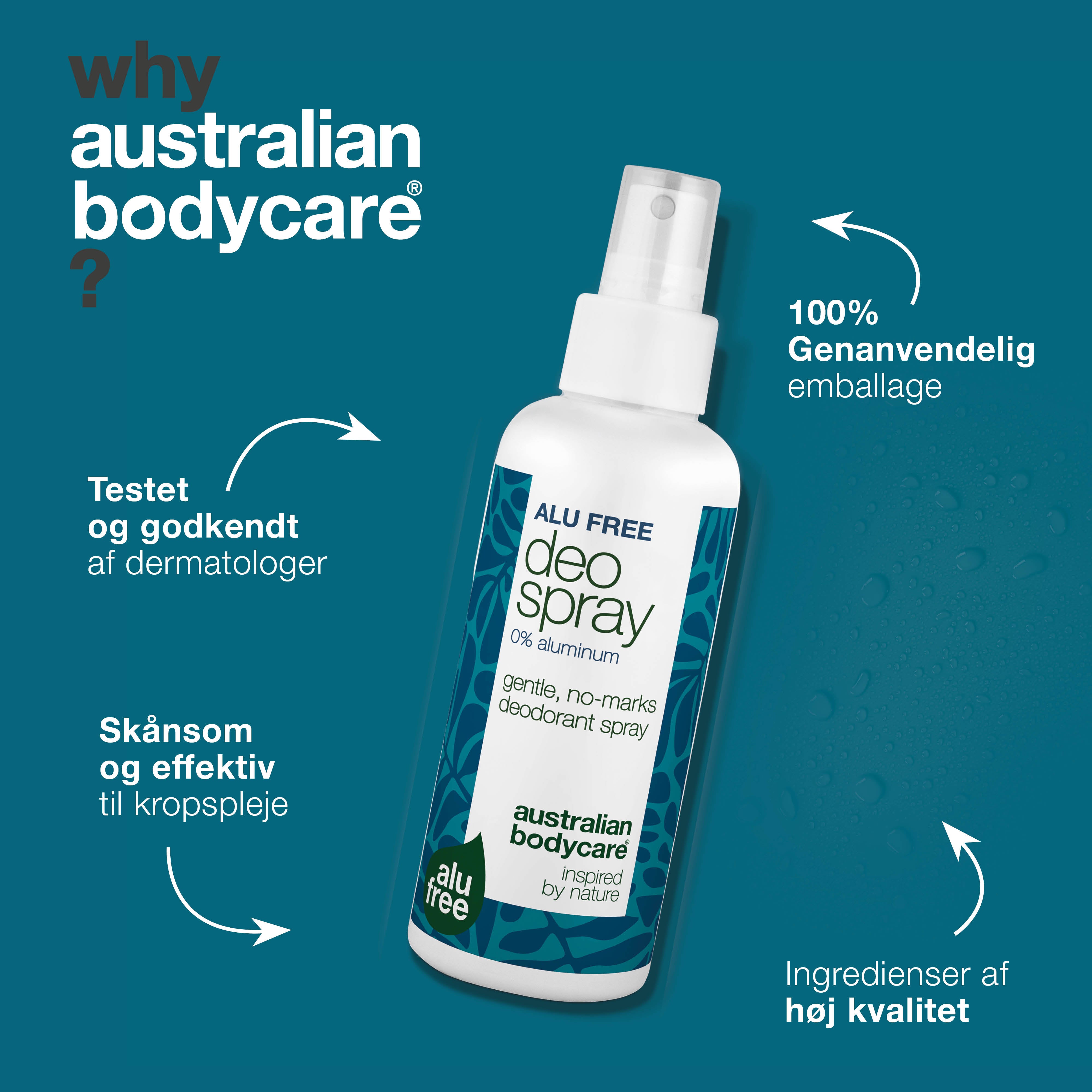 Deodorantspray uden aluminium – Naturlig friskhed — Effektiv aluminiumsfri deodorant med naturlige ingredienser. Modvirker svedlugt og giver langvarig friskhed. Hurtigtørrende og skånsom.