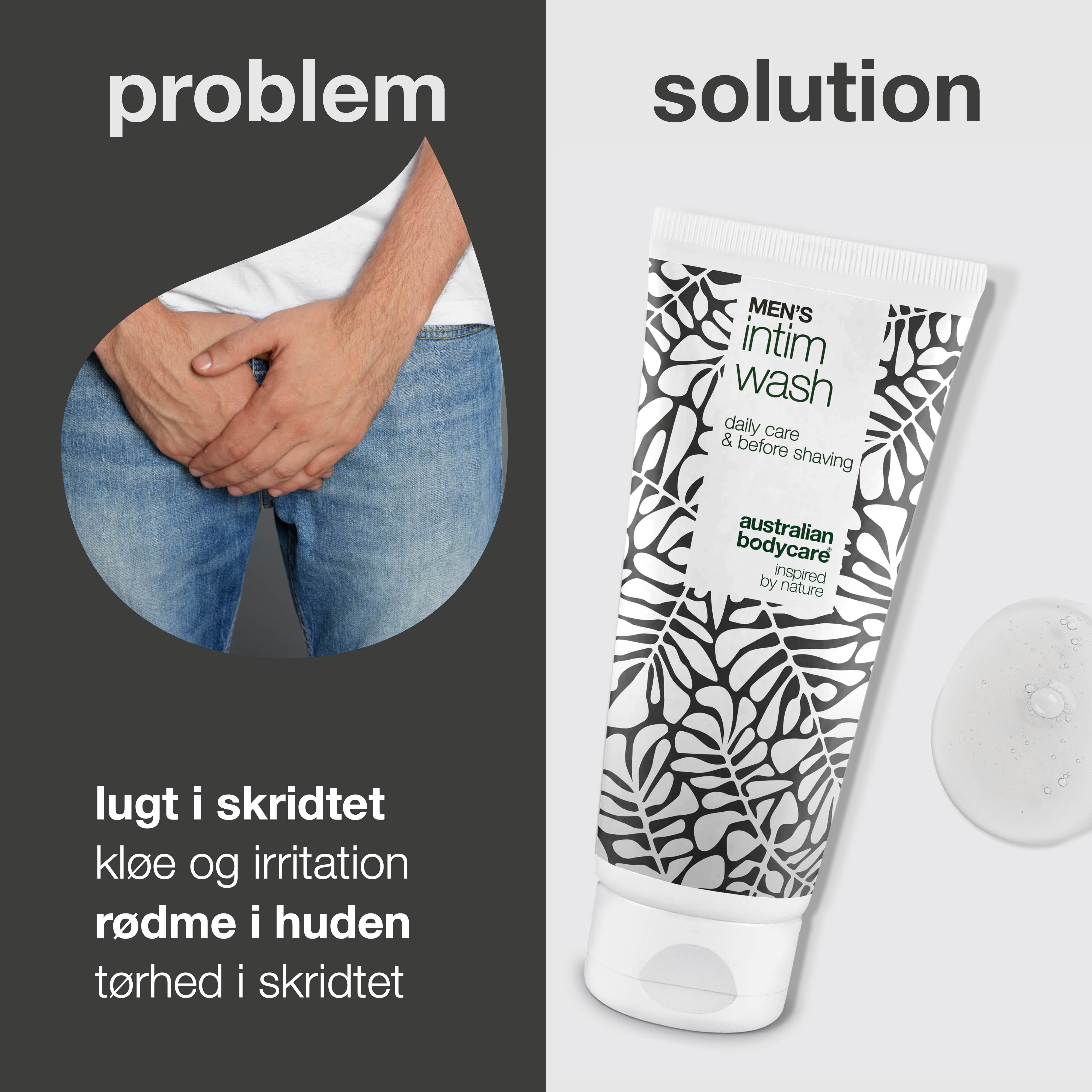Intimsæbe mænd – Skånsom pleje til daglig intimhygiejne — Effektiv intimsæbe til mænd. Hjælper mod irritation og ubehag i skridtet. Naturlige ingredienser for en sund og velplejet hud.