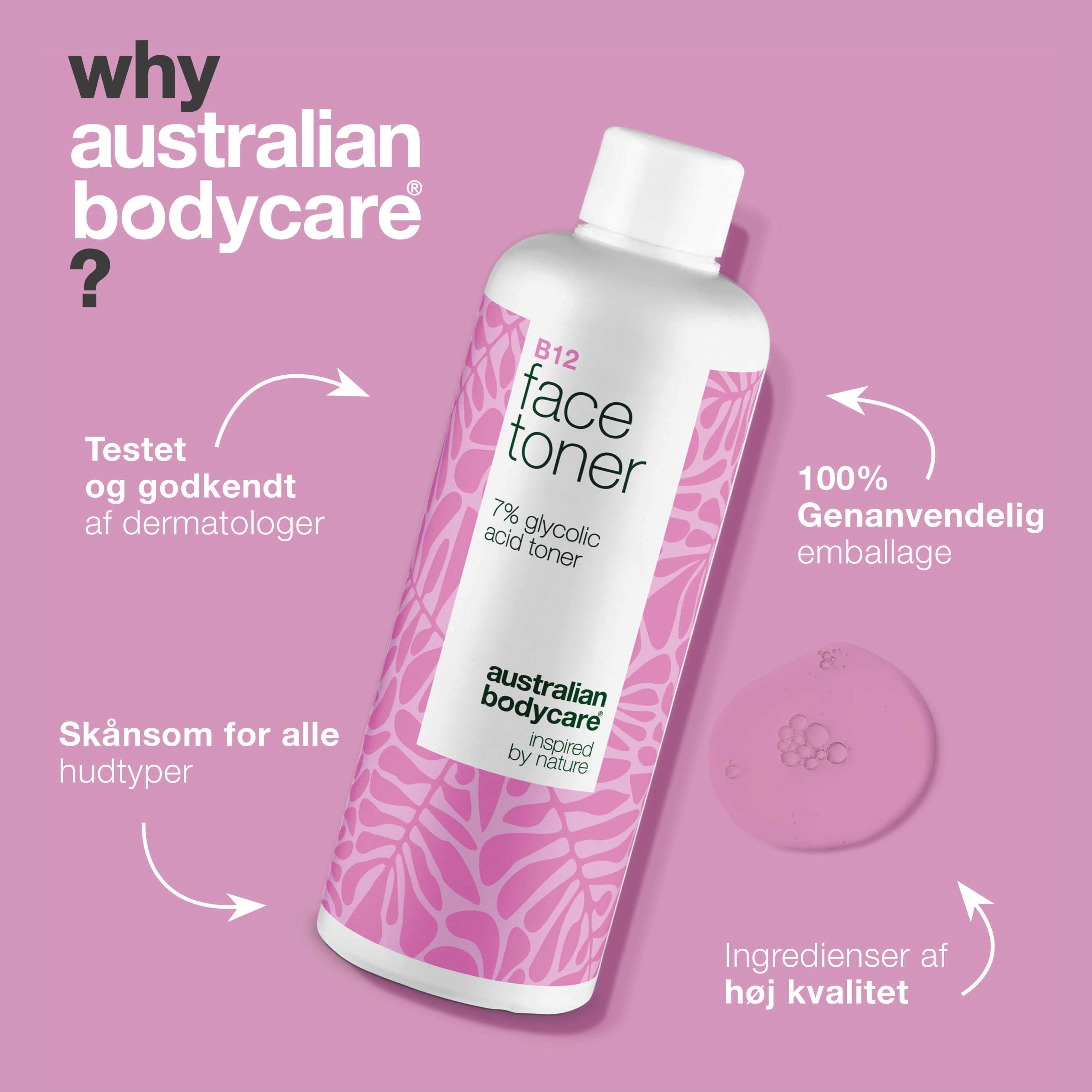 Ansigtstoner med B12 og 7% Glycolic Acid for jævn hudtone — Eksfolierende toner med B12 og 7% Glycolic Acid – fjerner døde hudceller, giver ny glød og fremmer en jævn hudtone.