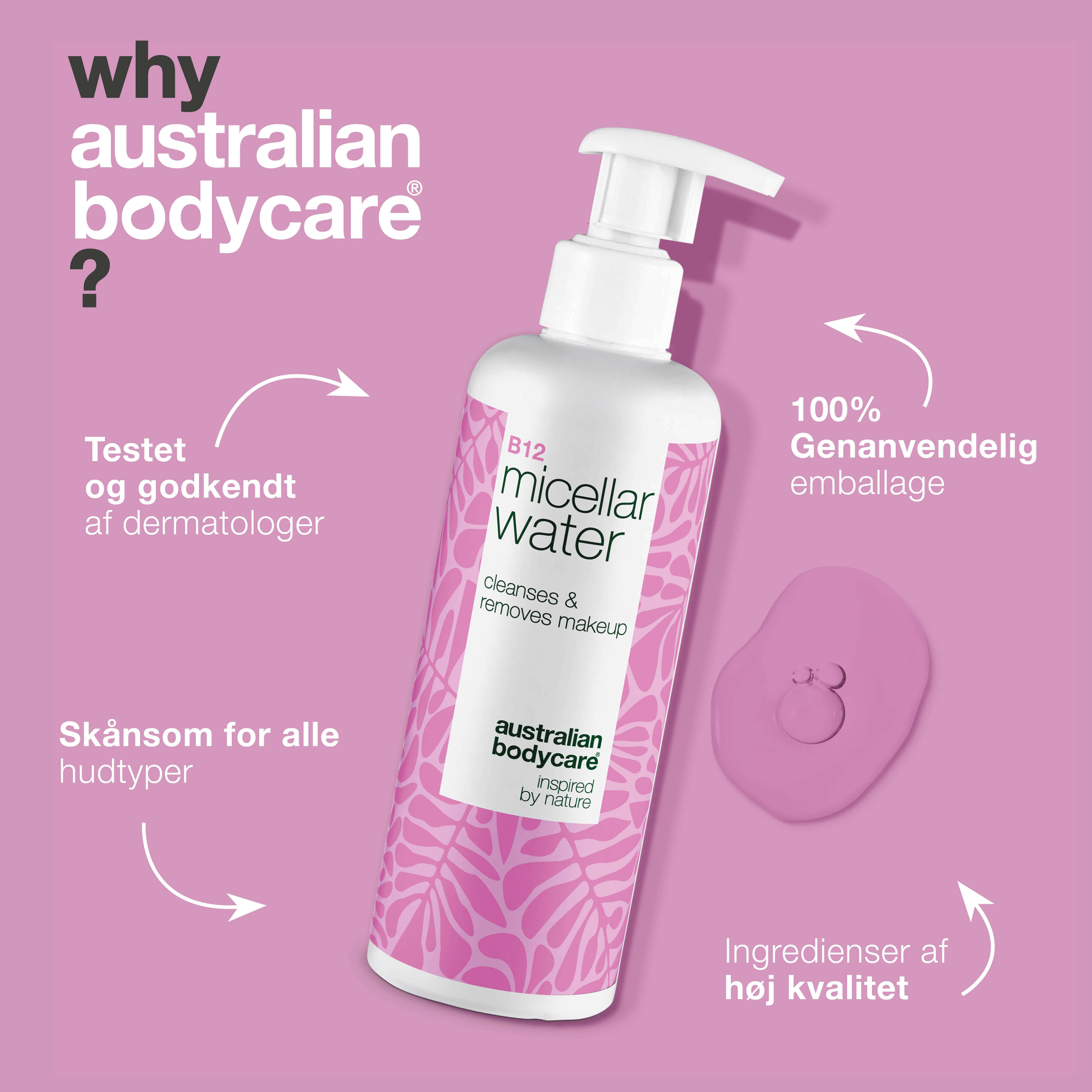 Micellar Water – Fjerner makeup og beroliger sart, tør hud — Micellar Water fjerner makeup og rødme. Velegnet til sensitiv hud. Indeholder B12, Niacinamid og fugtgivende Glycerin.