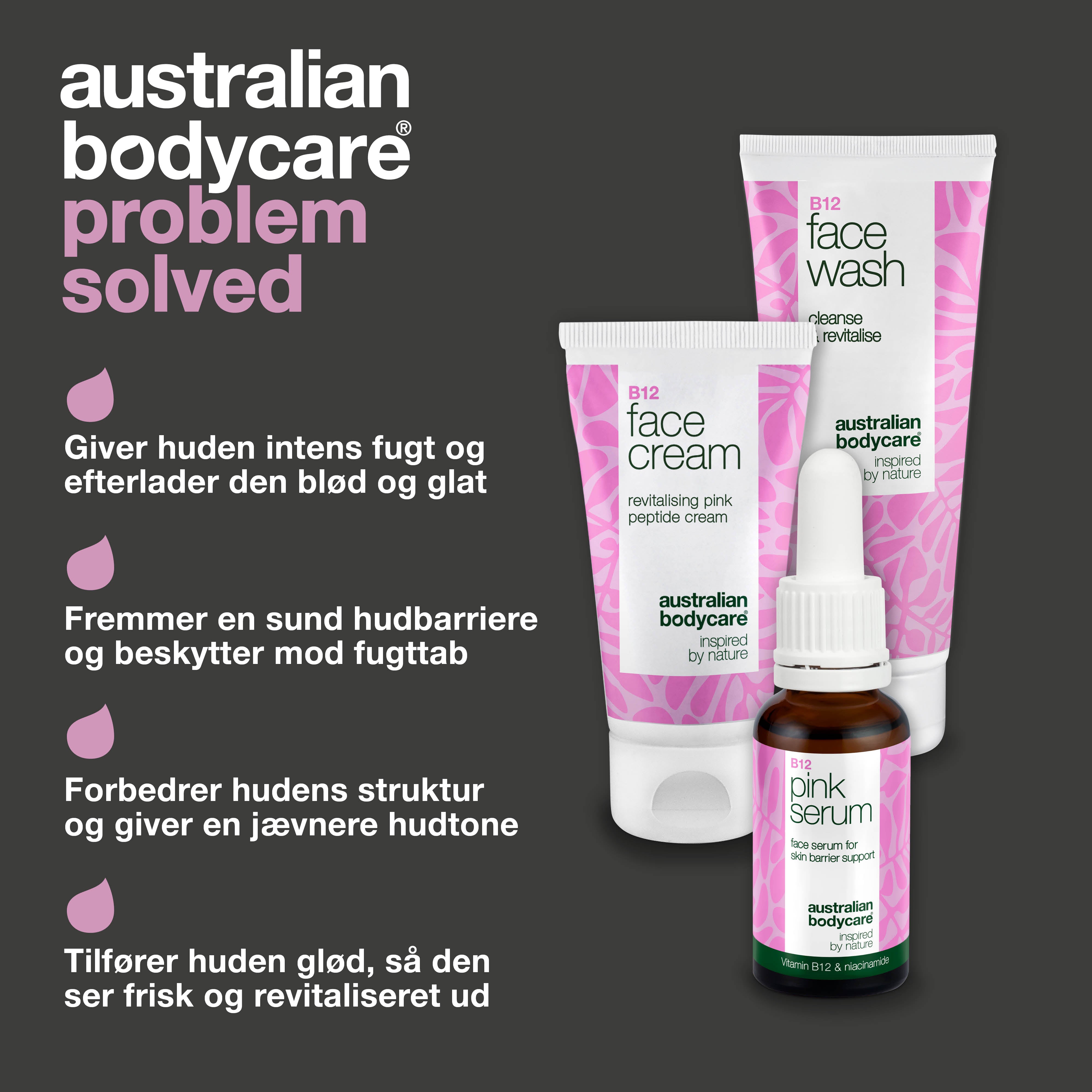 Hudplejesæt med B12 – Ansigtsrens, Serum og Ansigtscreme — Hudplejesæt med B12 for glat og sund hud. Indeholder rens, serum og creme til daglig fugt og pleje.