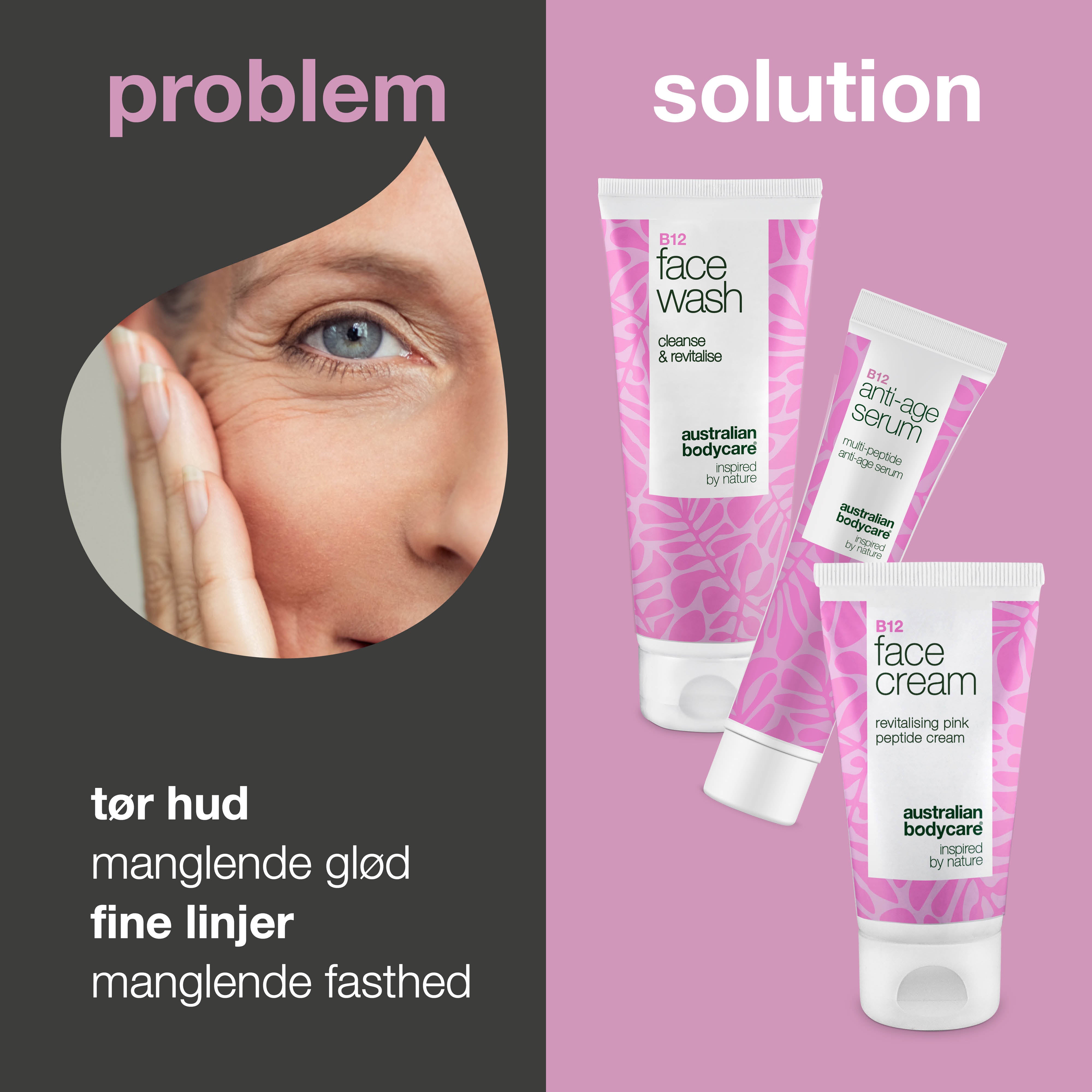 Ansigtsrens, Serum og Creme med B12 til Moden Hud — Effektiv hudpleje til moden hud med B12. Rens, serum og creme for fasthed og strålende hud.