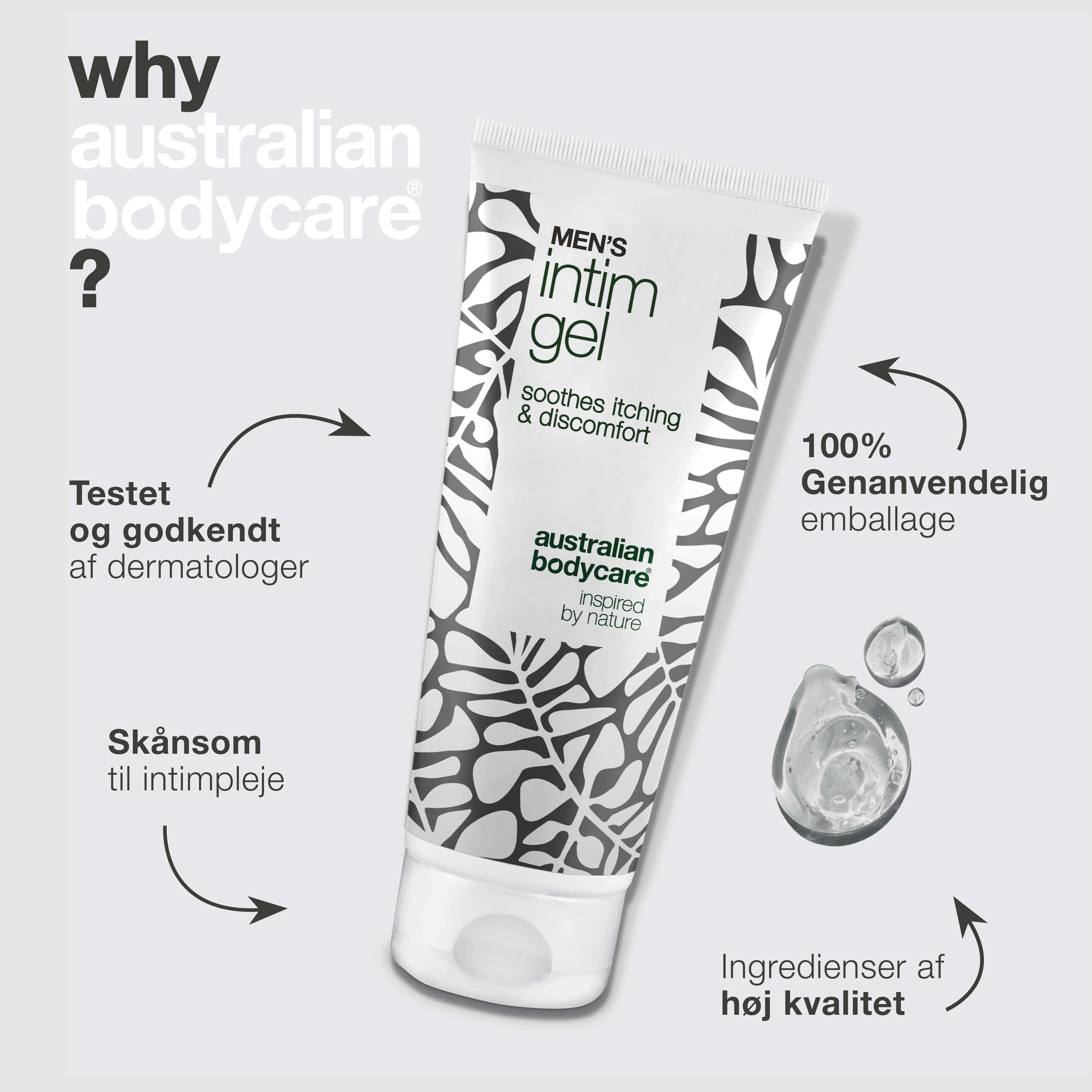 Men’s Intimate Gel – Mod kløe og irritation i intimområdet — Slip for kløe og ubehag med Men’s Intimate Gel. Holder huden frisk og velplejet med en hurtigt absorberende, ikke-fedtet formel