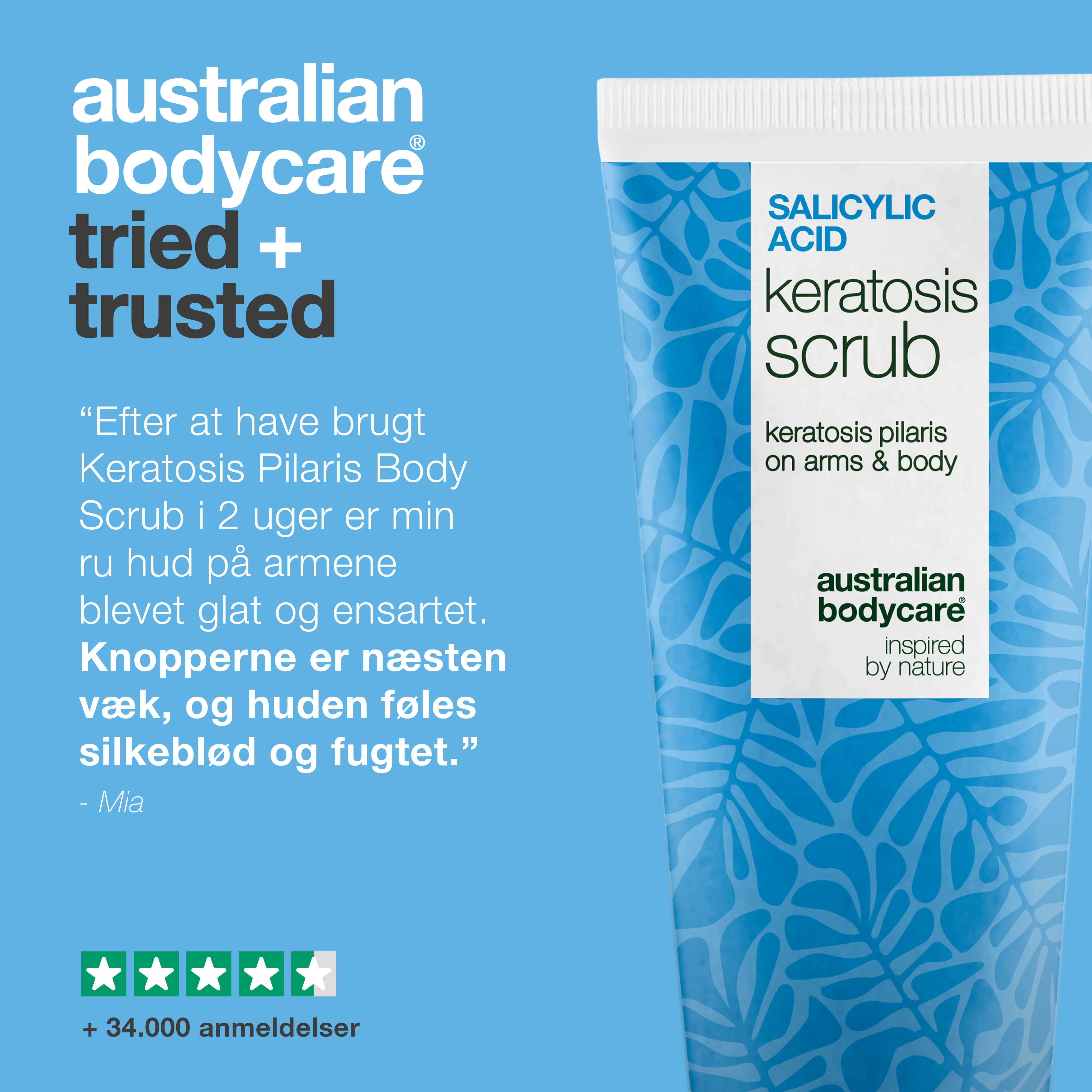 Keratosis Pilaris Body Scrub mod ru hud og knopper — Keratosis Pilaris Body Scrub mod ru hud og knopper. Eksfolierer og blødgør med salicylsyre, glykolsyre og glycerin.