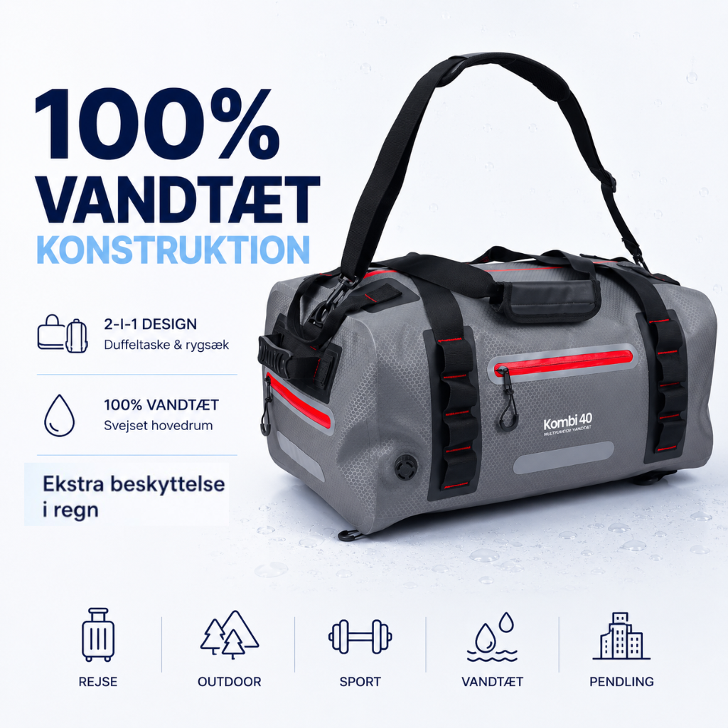 Kombi 40 – 100% Vandtæt Duffeltaske & Rygsæk til Rejse, Sport & Friluft (40L)