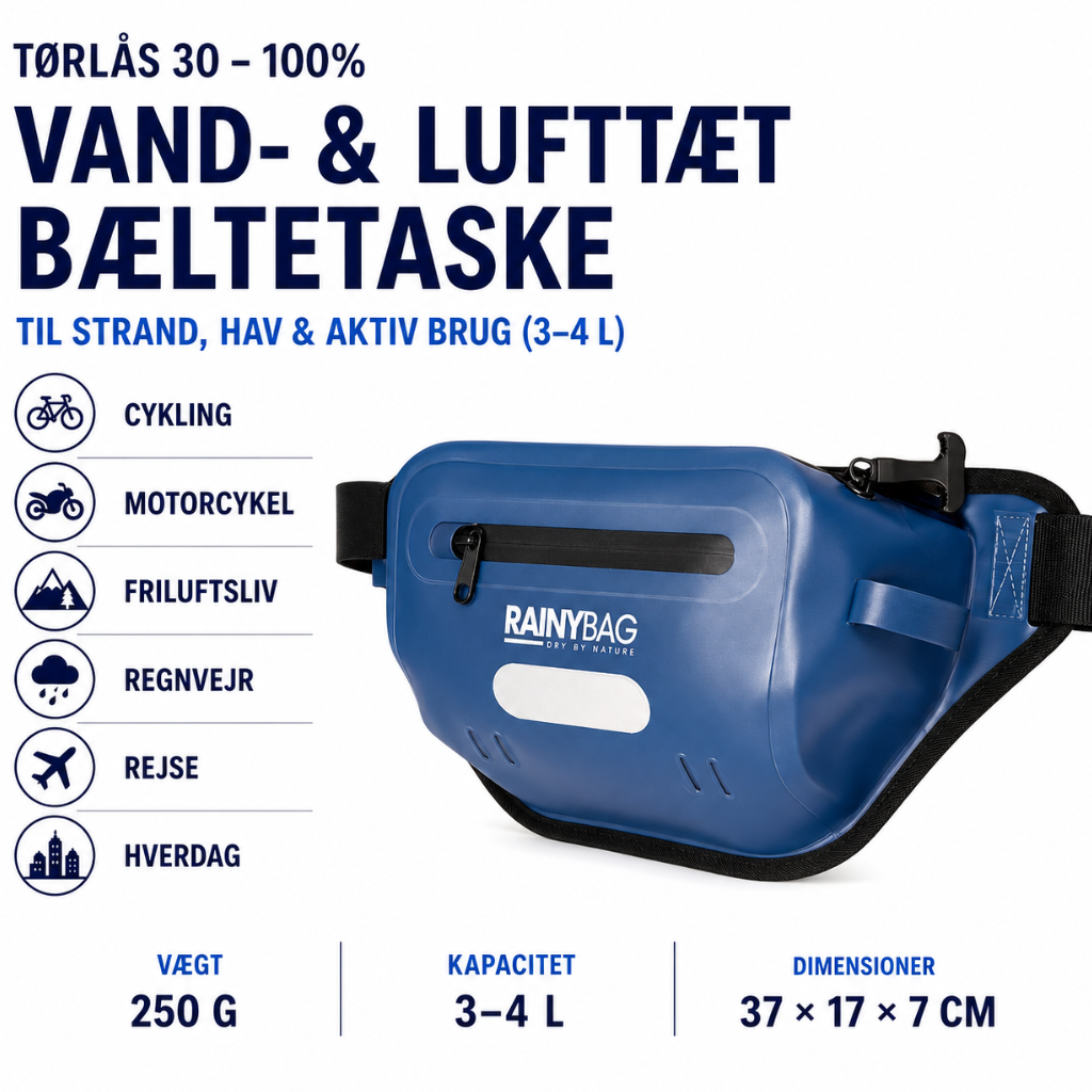 TørLås 30 – 100% Vand & Lufttæt Bæltetaske til Strand, Hav & Aktiv Brug (3–4L)