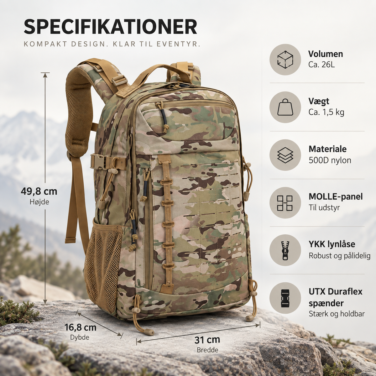 Trekker 30 – Vandrerrygsæk 30L med MOLLE & Aluminiumsstøtte