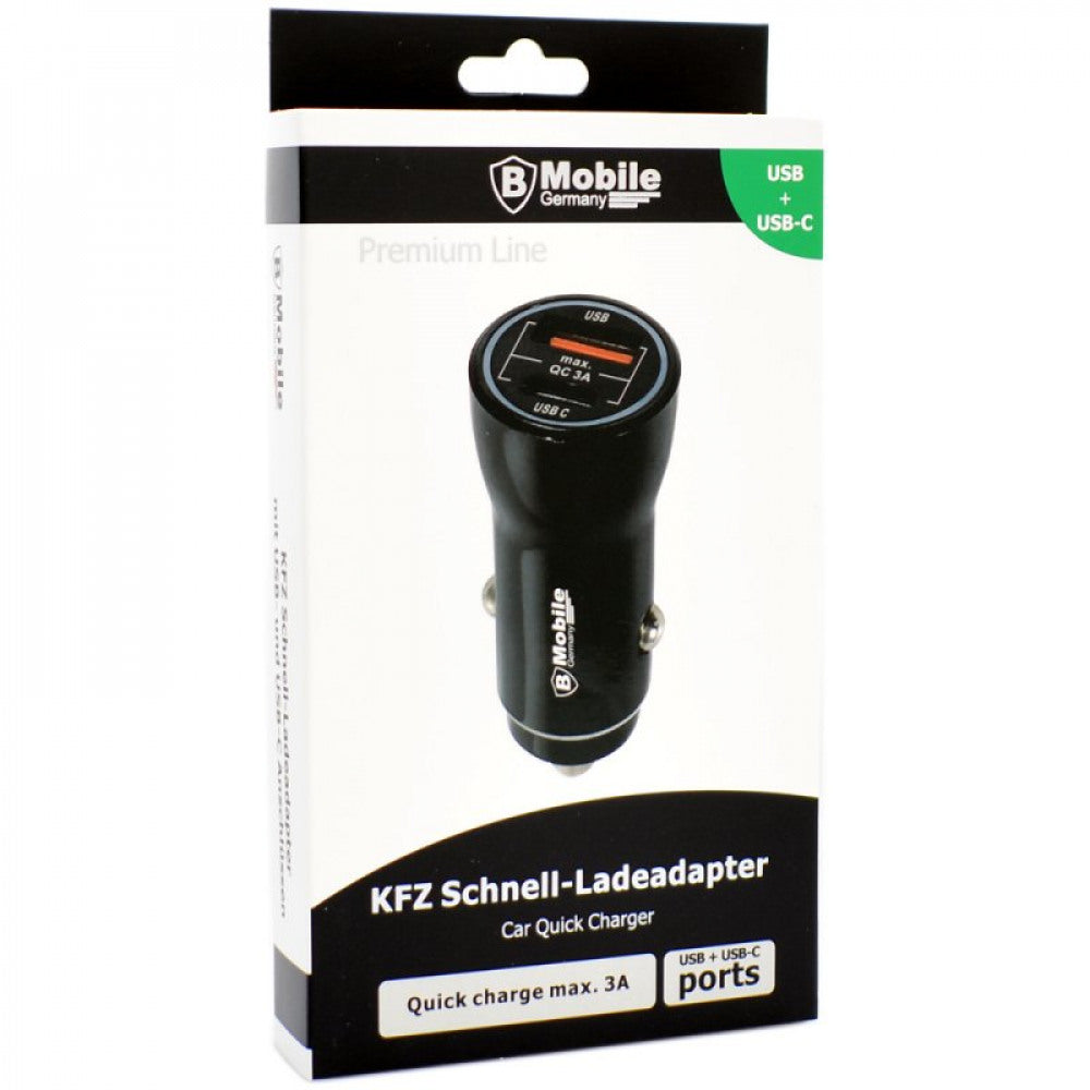 B-Mobile hurtig bilopladeradapter 12V med 1 USB + 1 USB-C
