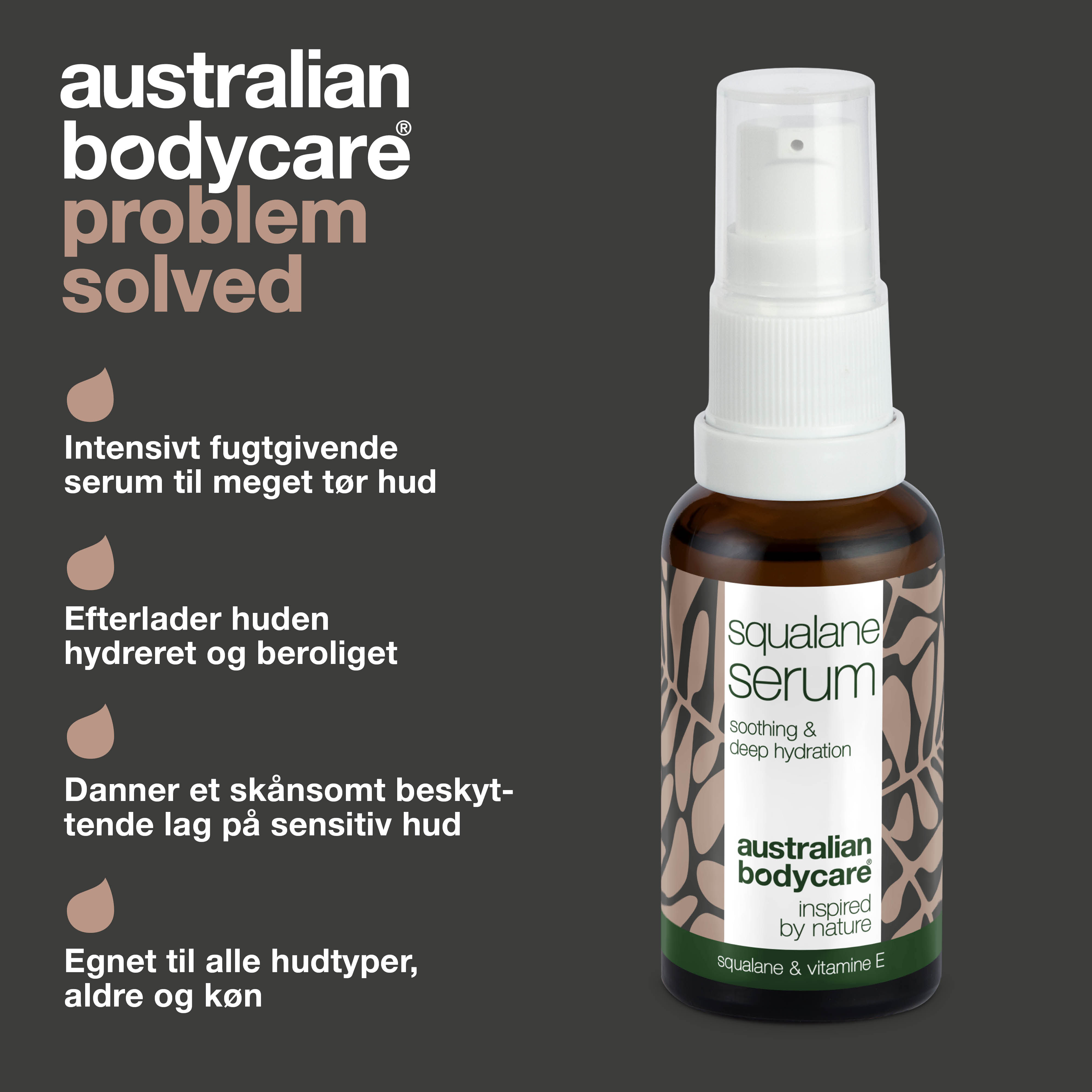 Fugtgivende ansigtsserum med Squalane & E-vitamin — Squalane & E-vitamin giver dyb hydrering til tør hud. Let, ikke-fedtet serum, der efterlader huden blød og smidig.