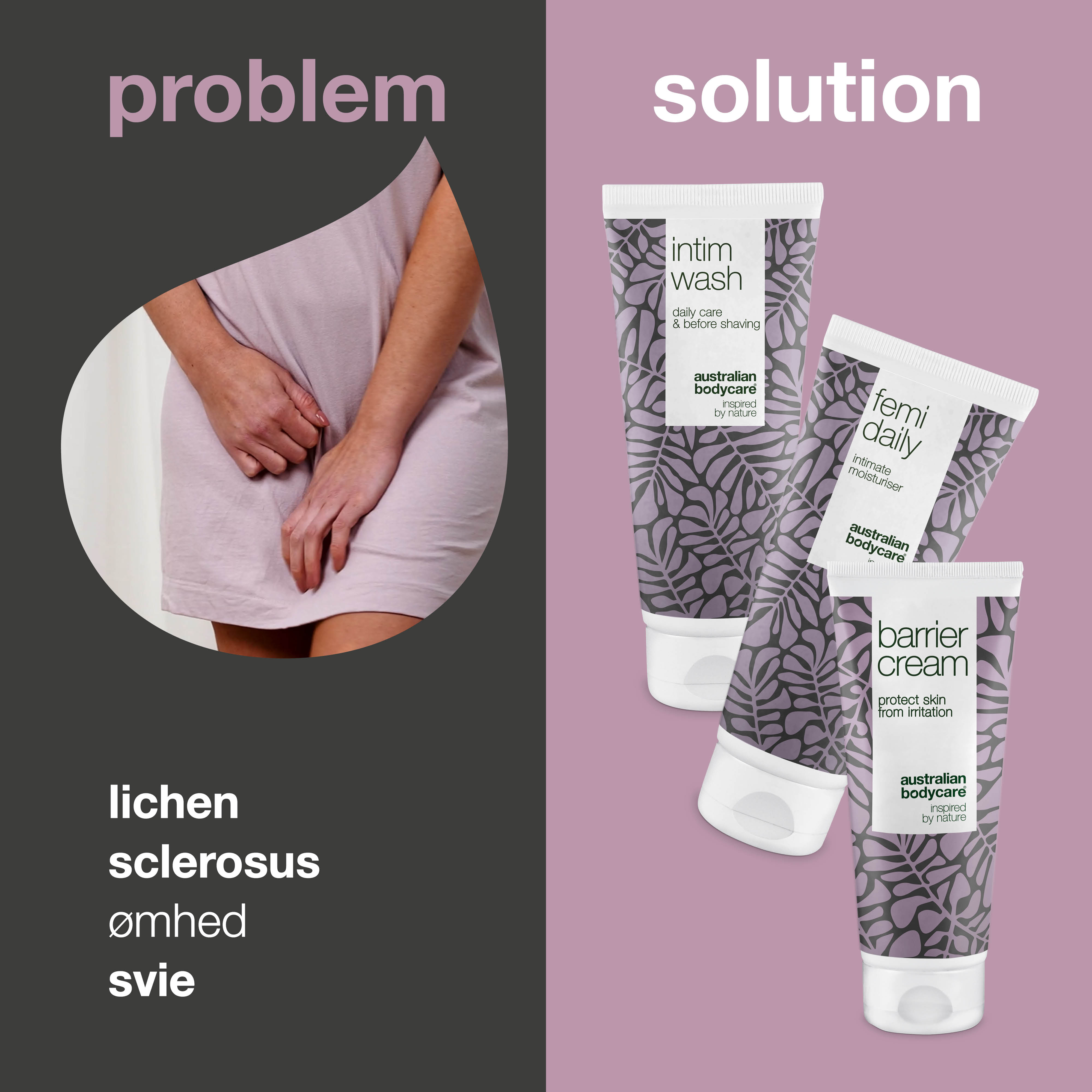 3-pak til pleje ved Lichen Sclerosus — Beroligende intimprodukter plejer og beskytter ved kløe og ømhed