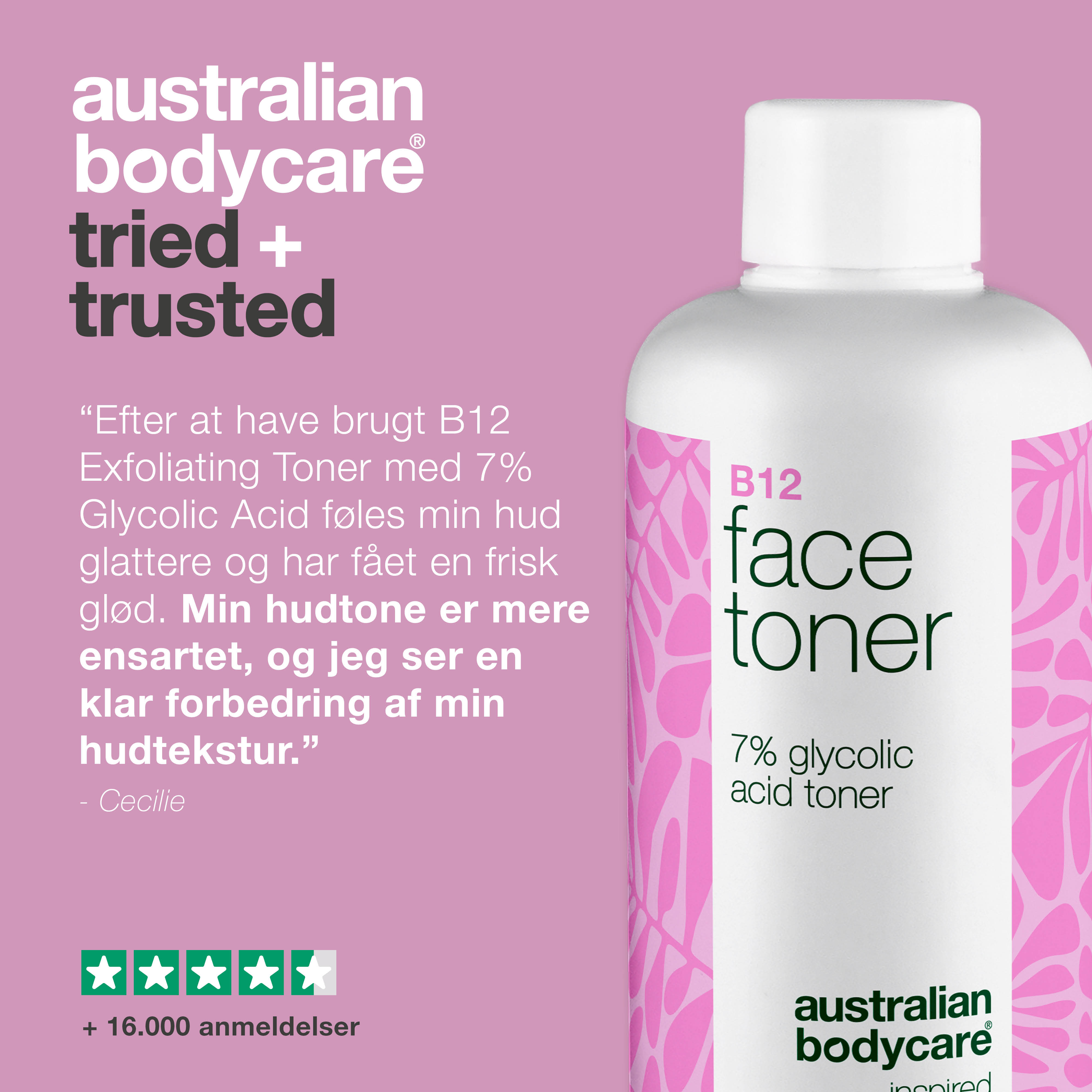 Ansigtstoner med B12 og 7% Glycolic Acid for jævn hudtone — Eksfolierende toner med B12 og 7% Glycolic Acid – fjerner døde hudceller, giver ny glød og fremmer en jævn hudtone.