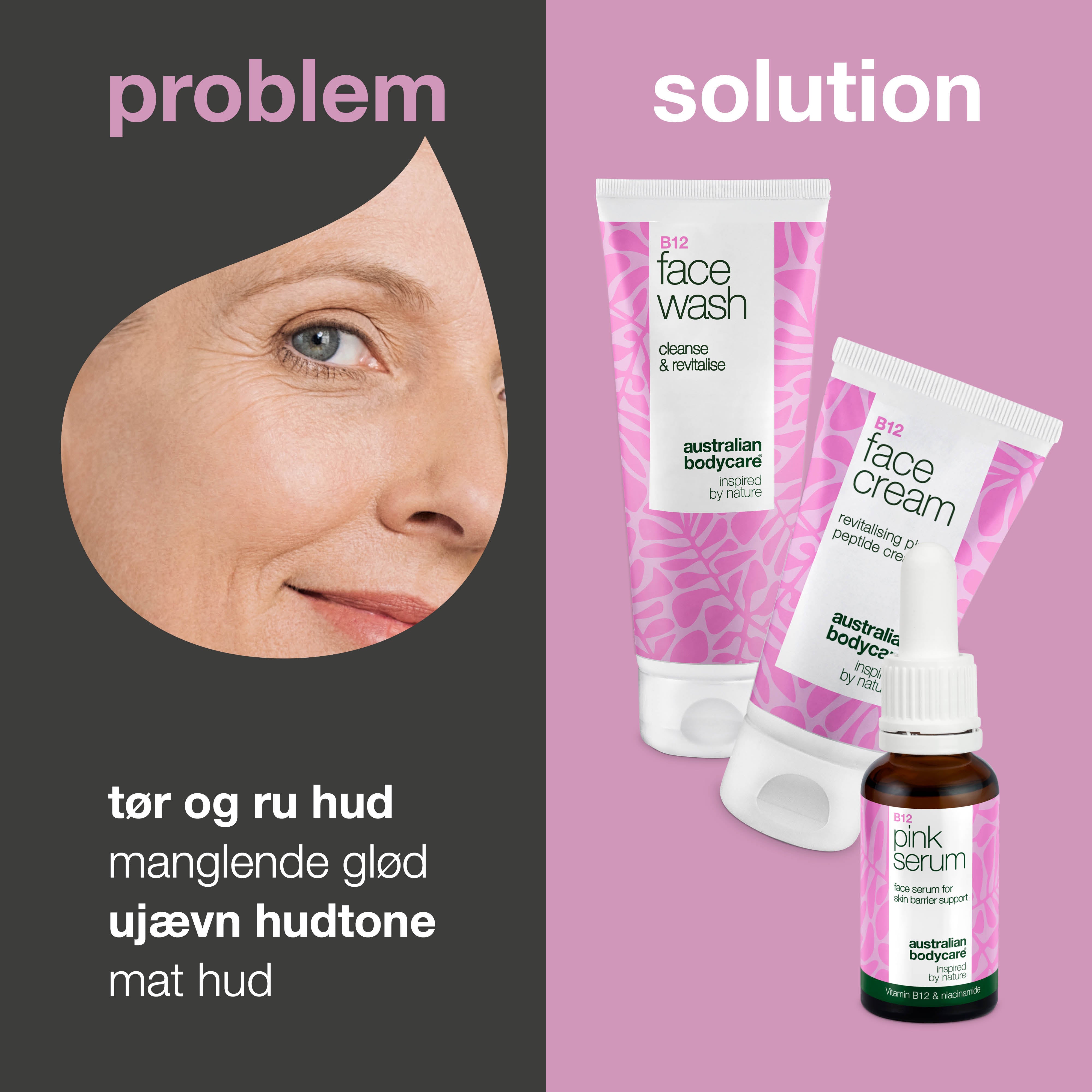 Hudplejesæt med B12 – Ansigtsrens, Serum og Ansigtscreme — Hudplejesæt med B12 for glat og sund hud. Indeholder rens, serum og creme til daglig fugt og pleje.