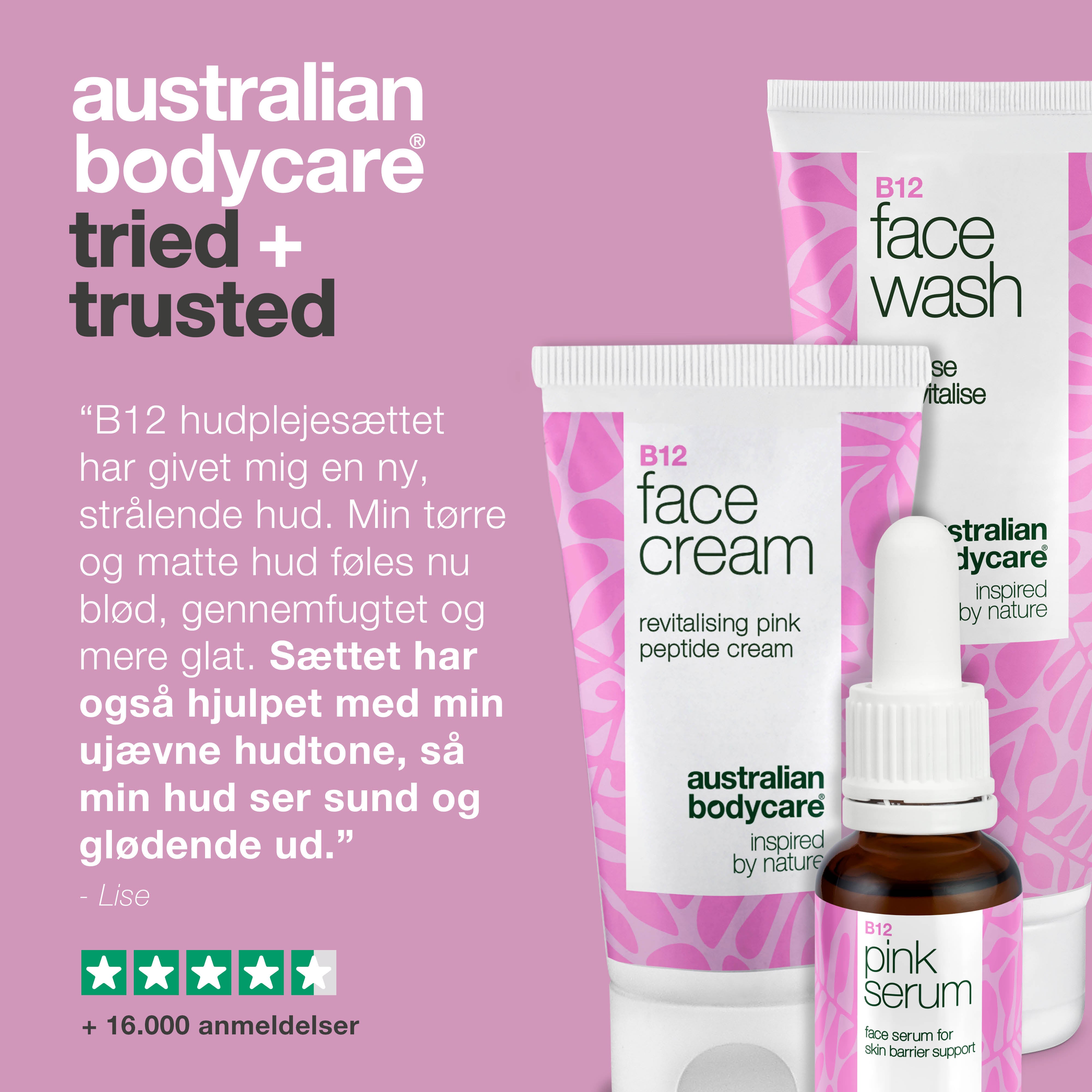 Hudplejesæt med B12 – Ansigtsrens, Serum og Ansigtscreme — Hudplejesæt med B12 for glat og sund hud. Indeholder rens, serum og creme til daglig fugt og pleje.
