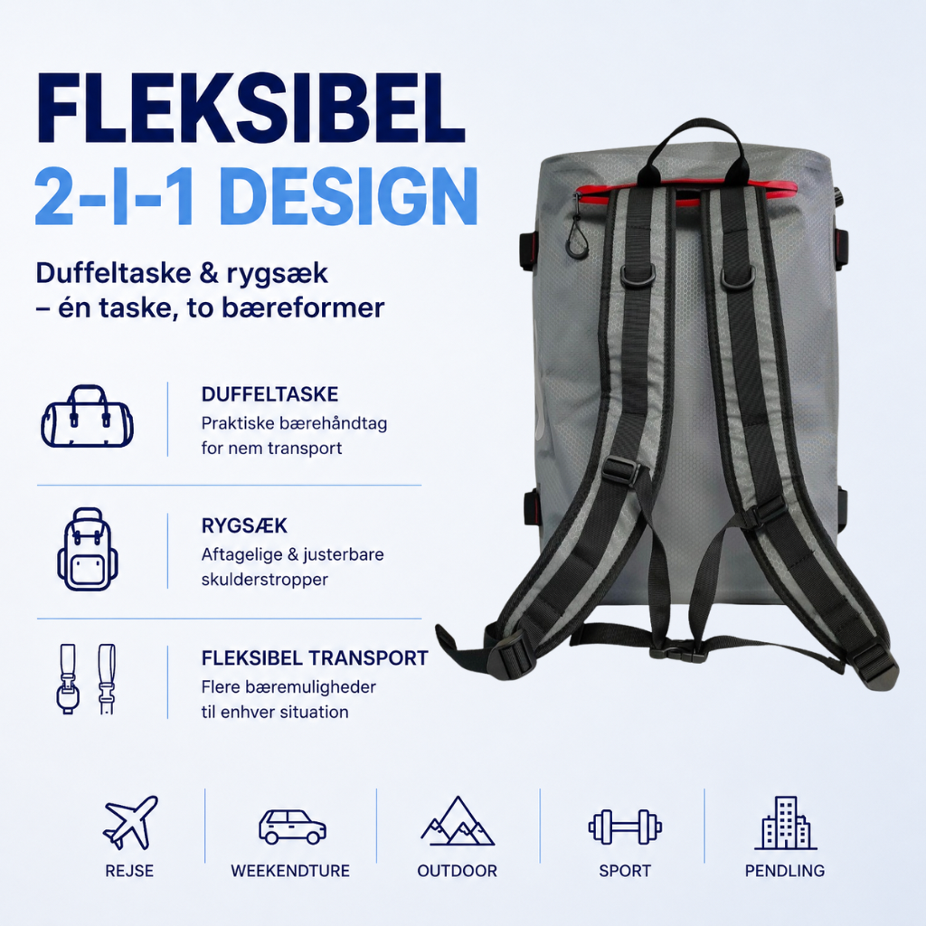 Kombi 40 – 100% Vandtæt Duffeltaske & Rygsæk til Rejse, Sport & Friluft (40L)