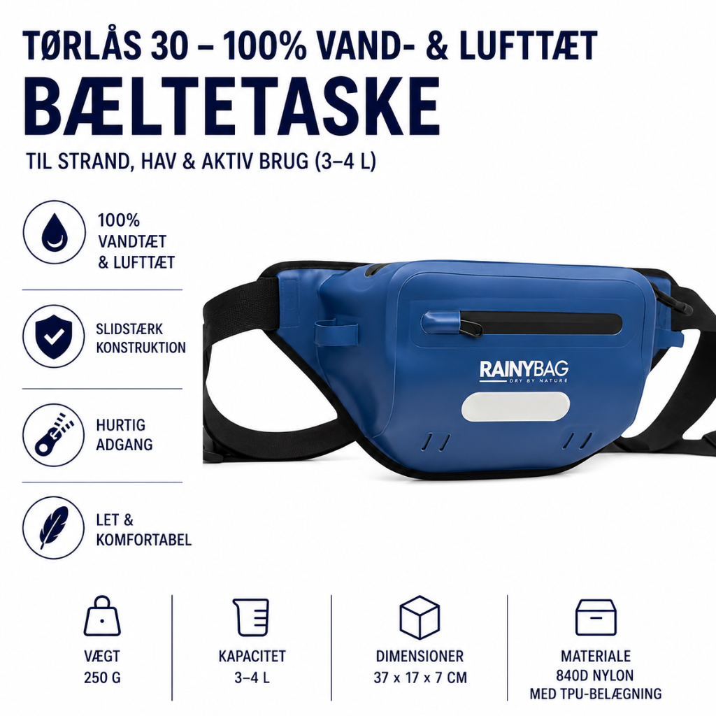 TørLås 30 – 100% Vand & Lufttæt Bæltetaske til Strand, Hav & Aktiv Brug (3–4L)