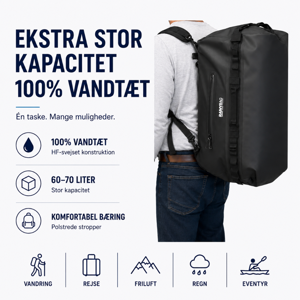 Vejrfast 60 – 100% Vandtæt Duffeltaske & Rygsæk til Rejse & Friluftsliv (60–70L)