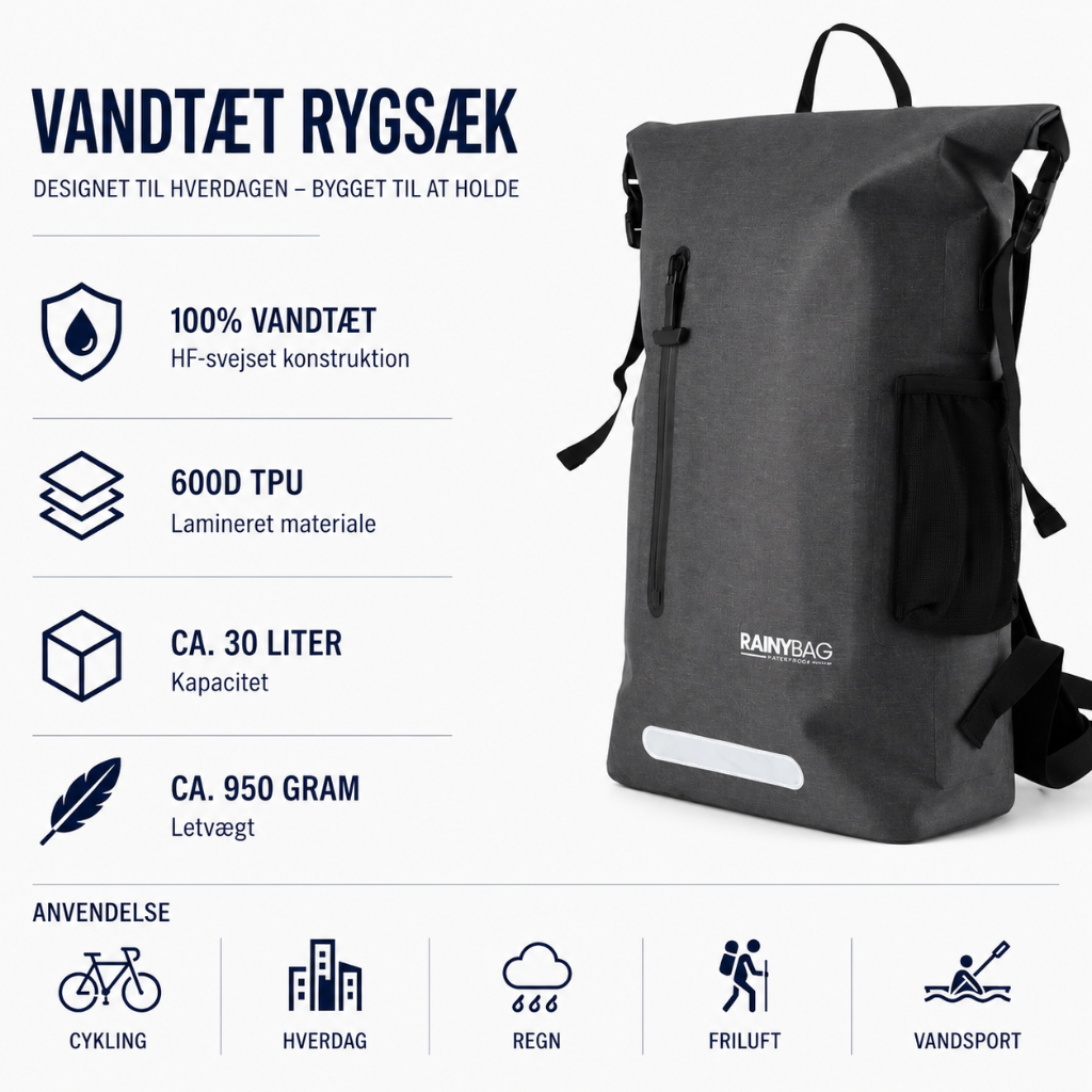 Vejrfast 30 – 100% Vandtæt Rygsæk til aktiv brug (26–33L)