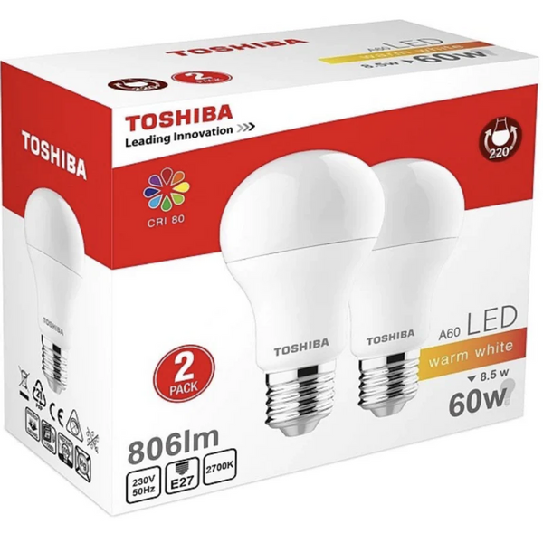 TOSHIBA A60/E27 LED-PÆRER (2 STK)