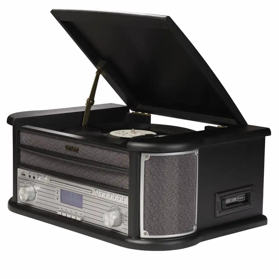 Denver MRD-51B SORT RETRO Anlæg med DAB+ og FM-radio, en pladespiller, kassetteafspiller og meget mere.