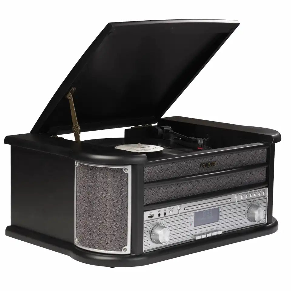 Denver MRD-51B SORT RETRO Anlæg med DAB+ og FM-radio, en pladespiller, kassetteafspiller og meget mere.